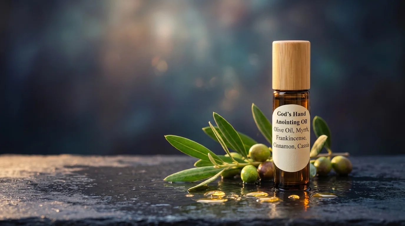 A bottle of God's Hand Anointing Oil with a natural bamboo cap, olive branch and olives, and golden oil droplets on dark slate